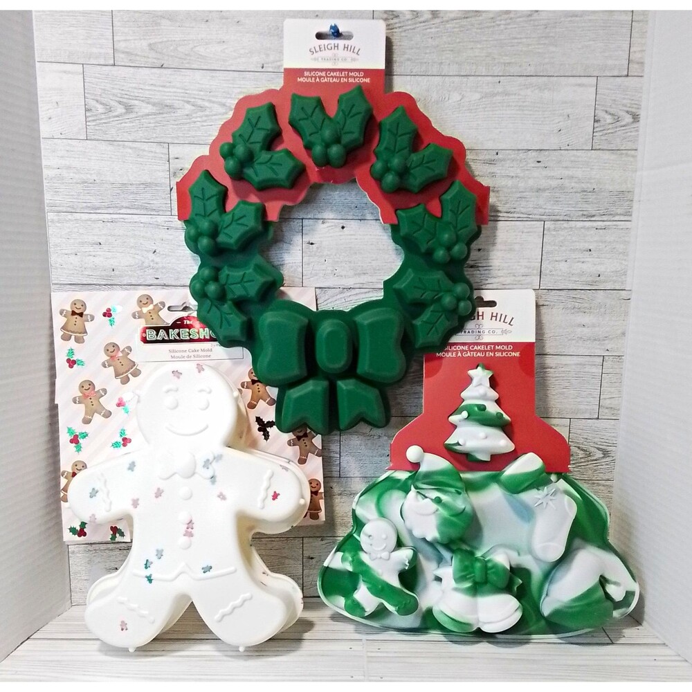 Sleigh Hill Silicone Cakelet Mold Set 3pc Santa Wreath Gingerbread Large